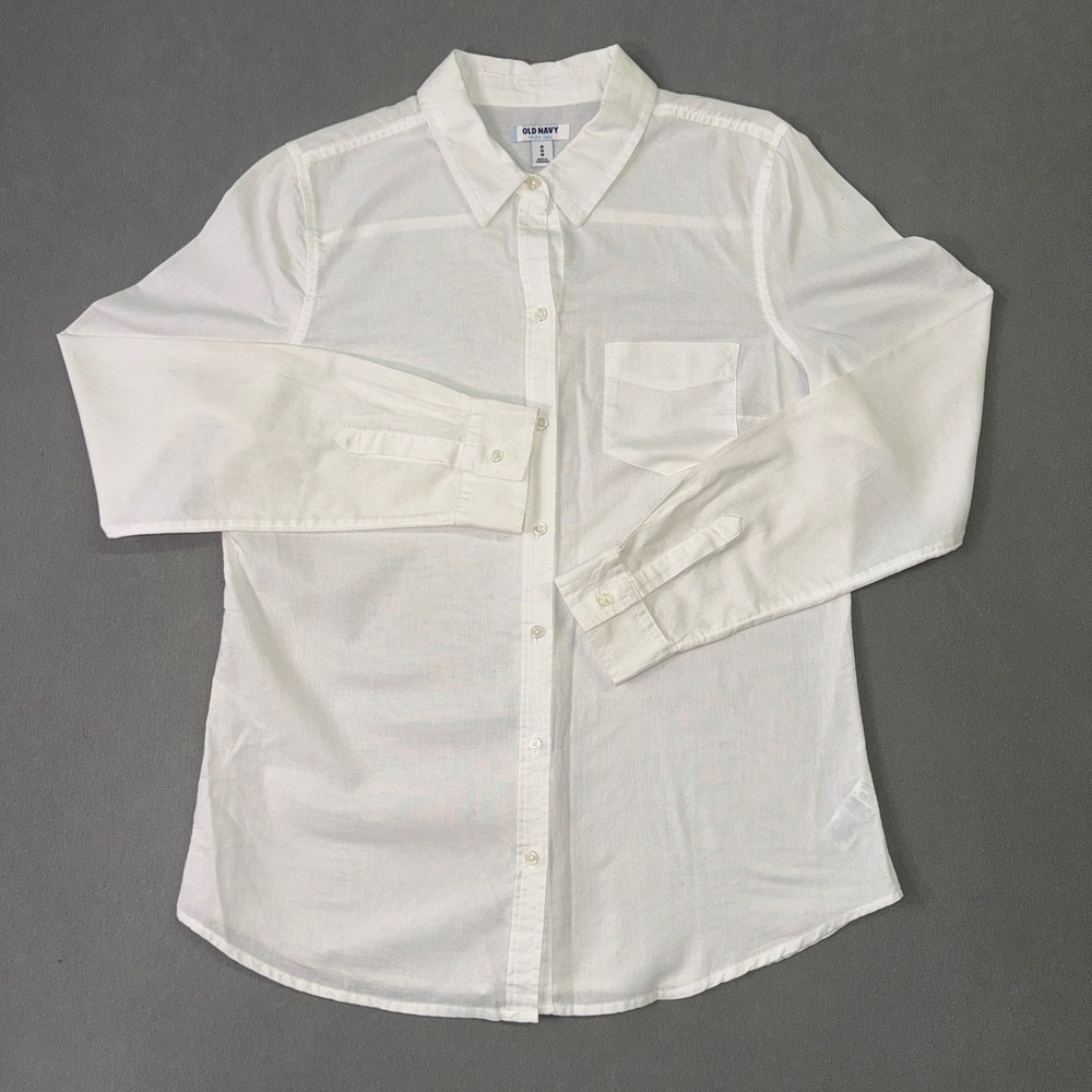 Old Navy Womens White 100% Cotton Long Sleeve Button Down Shirt Pocket Medium